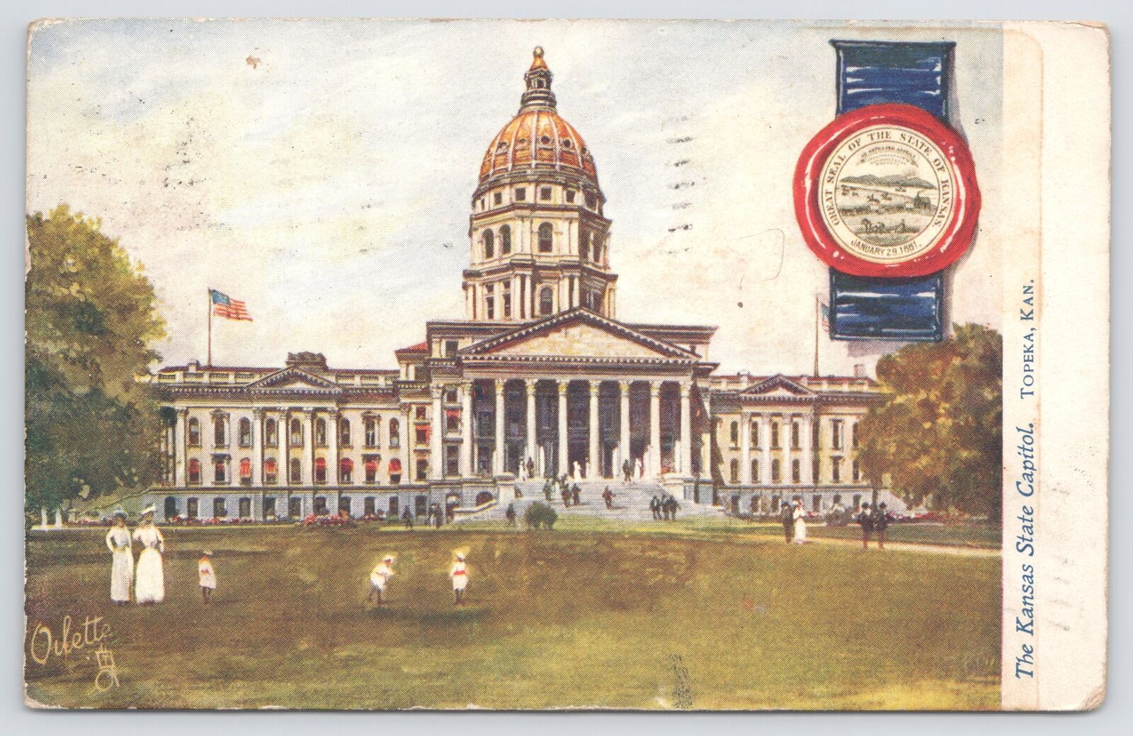 TUCK~Oilette~State Capitols Series #2454~Kansas~In Topeka~Seal & Bldg~PM 1907 PC