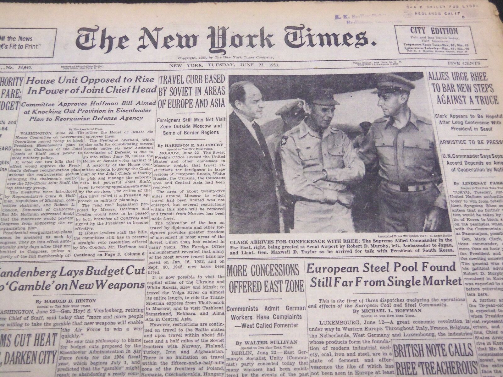 1953 JUNE 23 NEW YORK TIMES - CLARK ARRIVES FOR CONFERENCE WITH RHEE - NT 4450
