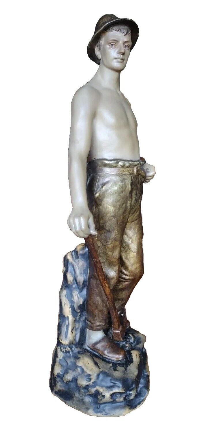 Gorgeous Ceramic Statue Of A Miner Made In Czechoslovakia Vintage Rare 17in 