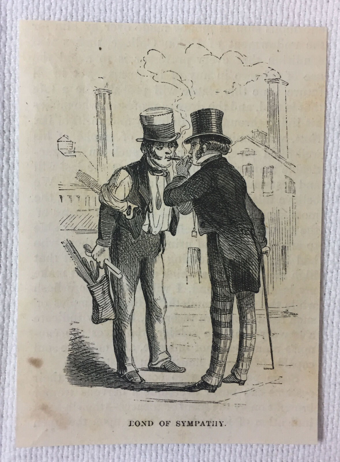 small 1855 magazine engraving ~ TWO MEN SMOKING Bond Of Sympathy
