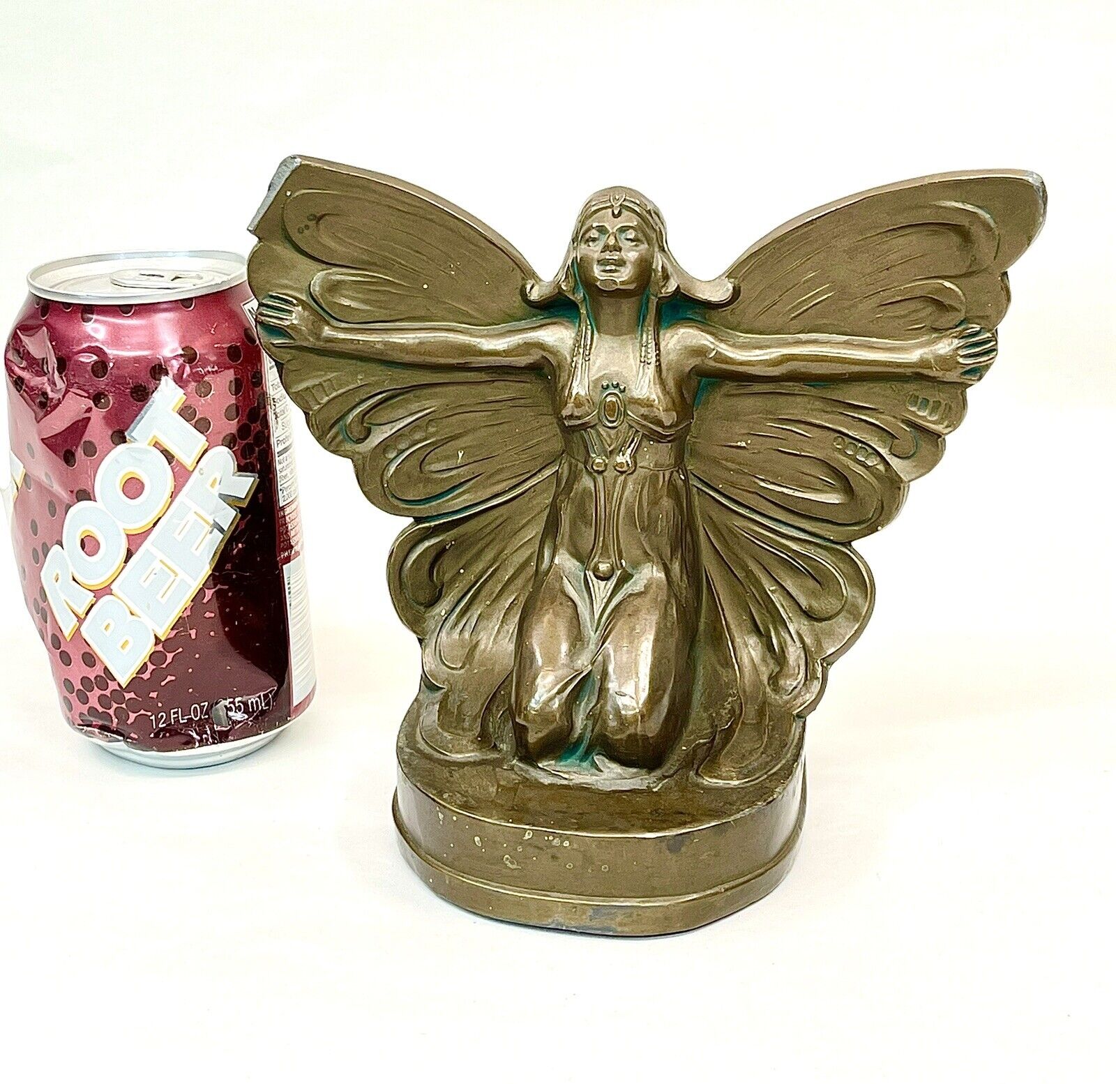1920's Art Nouveau Bronze Butterfly Girl Winged Fairy Bookends Egyptian Sphinx