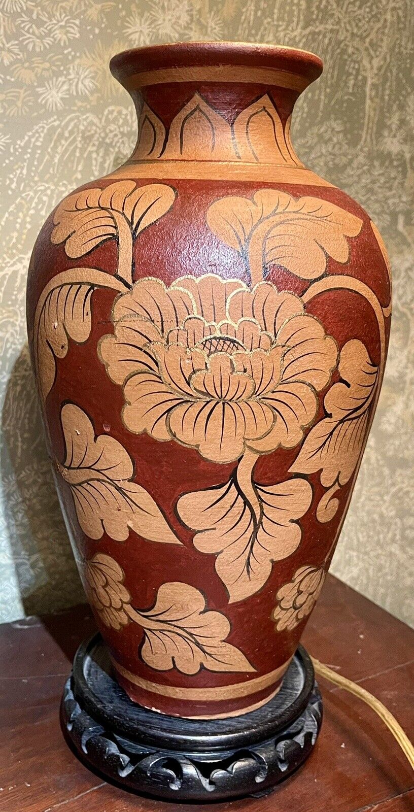 Reddish Brown Vase With Tan Floral Design, Gold & Black Edging, 13”