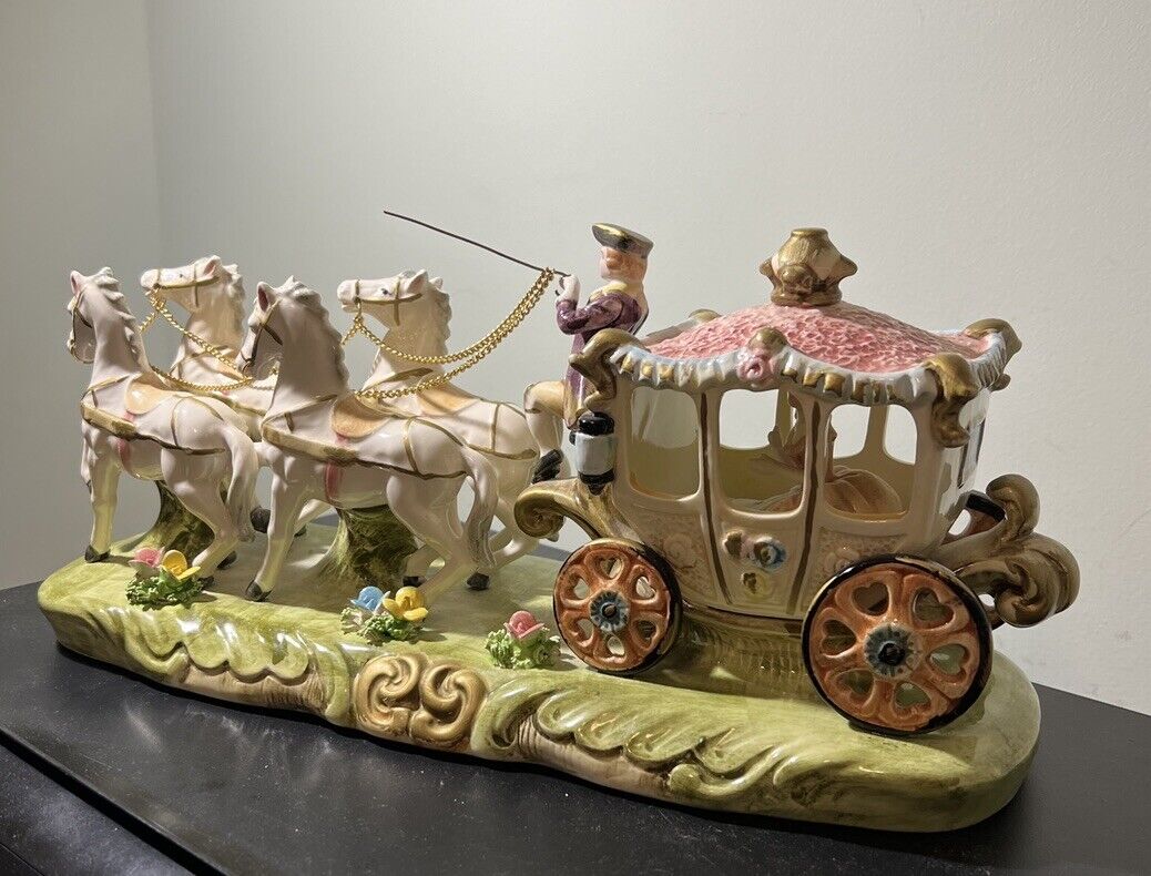 Vintage Capodimonte Porcelain Four Horses Drawn Royal Carriage With Cinderella