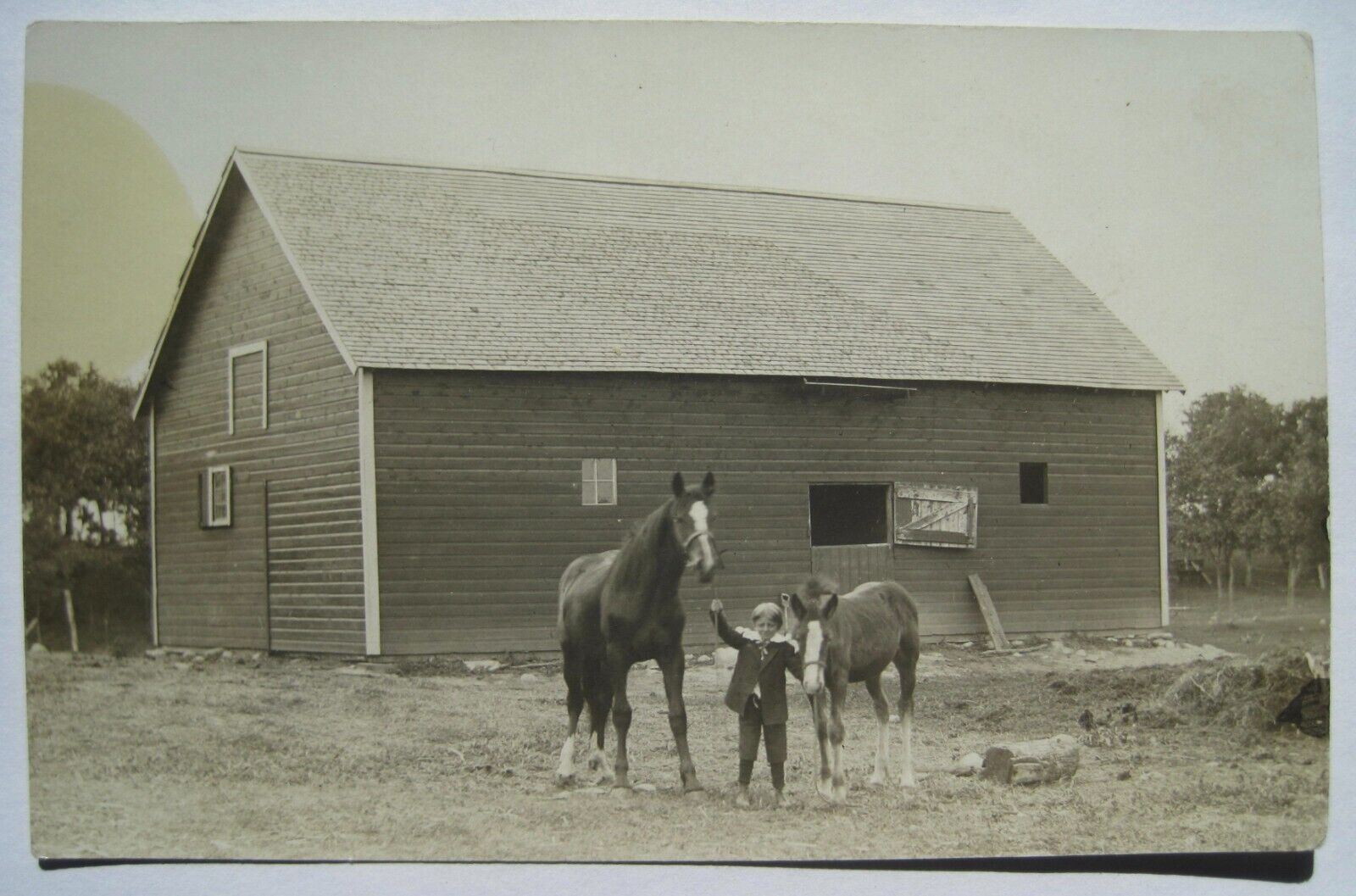 Cute Boy, Horses & Barn Old 1910-20s RPPC Postcard; to Lily Lang, Evansville MN