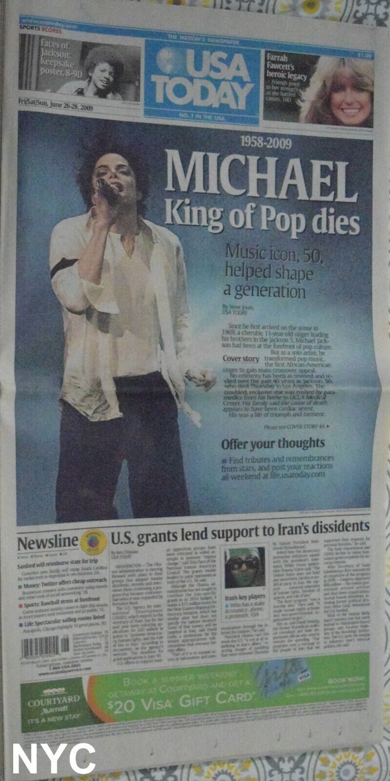 Michael Jackson Dead Tribute Farrah Fawcett USA Today June 26 2009 🔥