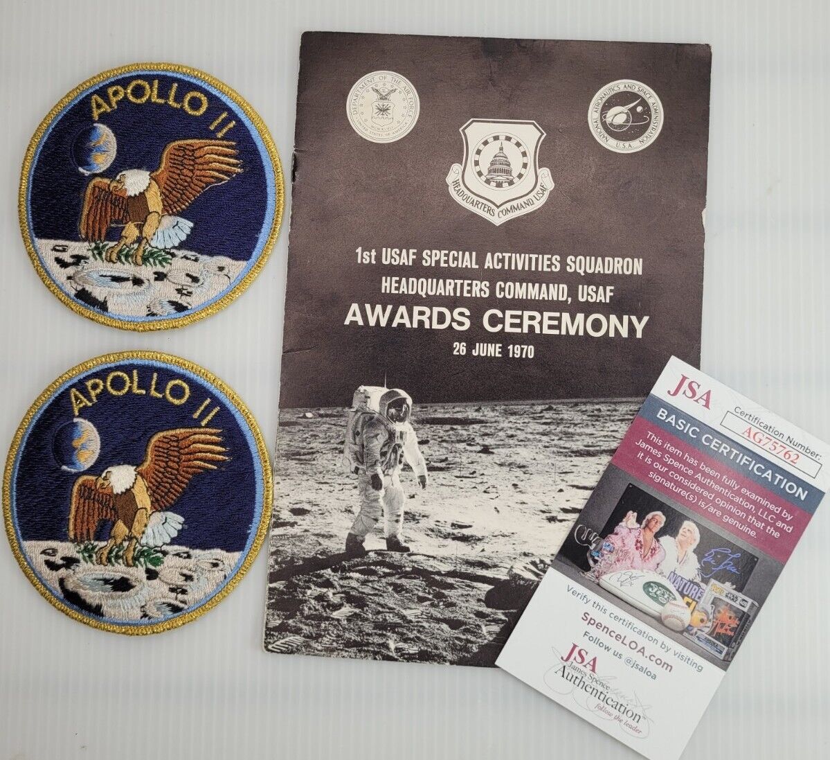 Rare Apollo 11 Buzz Aldrin Signed Program JSA Authenticated w/ 2 Vintage Patches