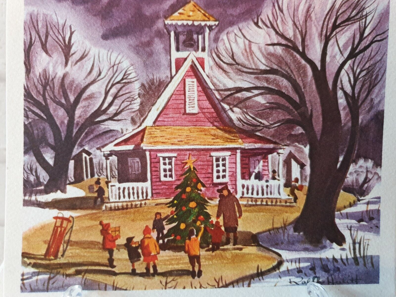 Vintage 50s UNUSED Ralph Hulett The Schoolhouse Tree Xmas Greeting Card (EB0082)