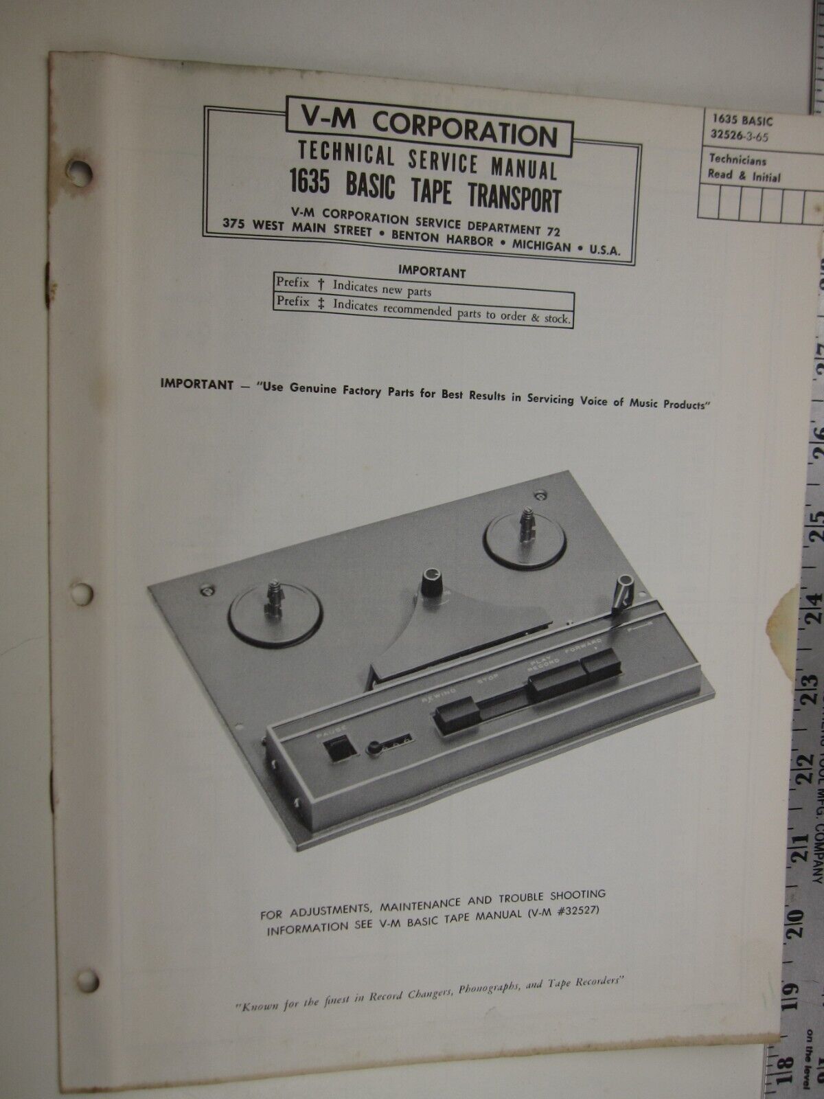 SF  V-M Voice of Music Technical Service Manual MODEL 1635 BASIC TAPE TRANSPORT