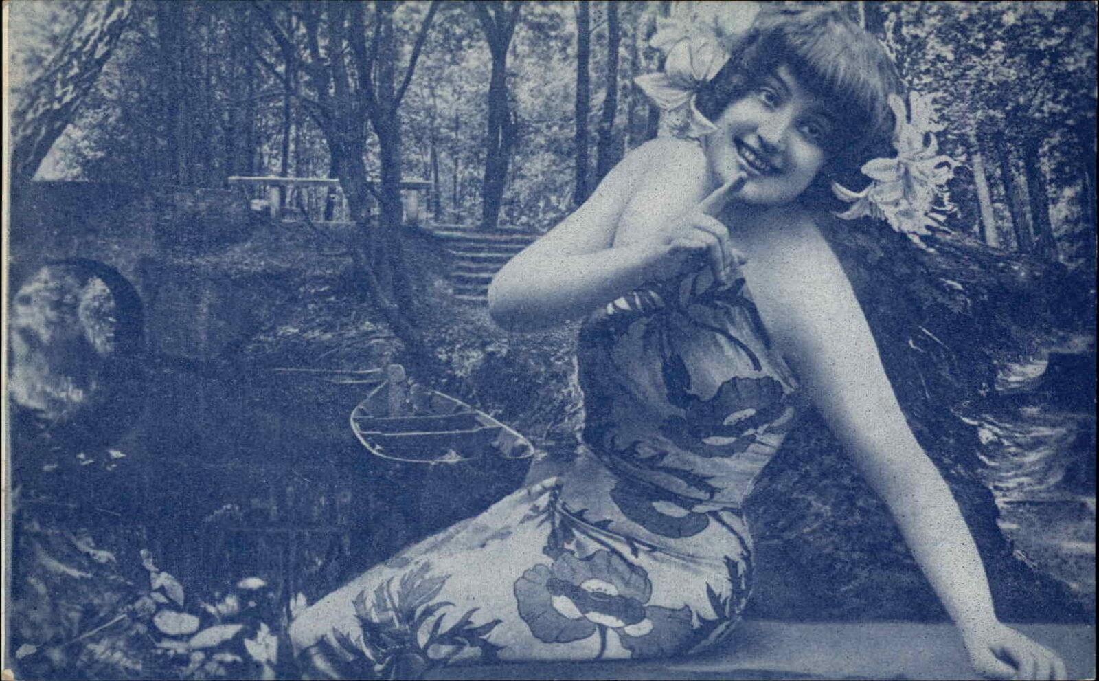 Pretty Woman in Tropical Dress Rowboat Backdrop c1905 Postcard