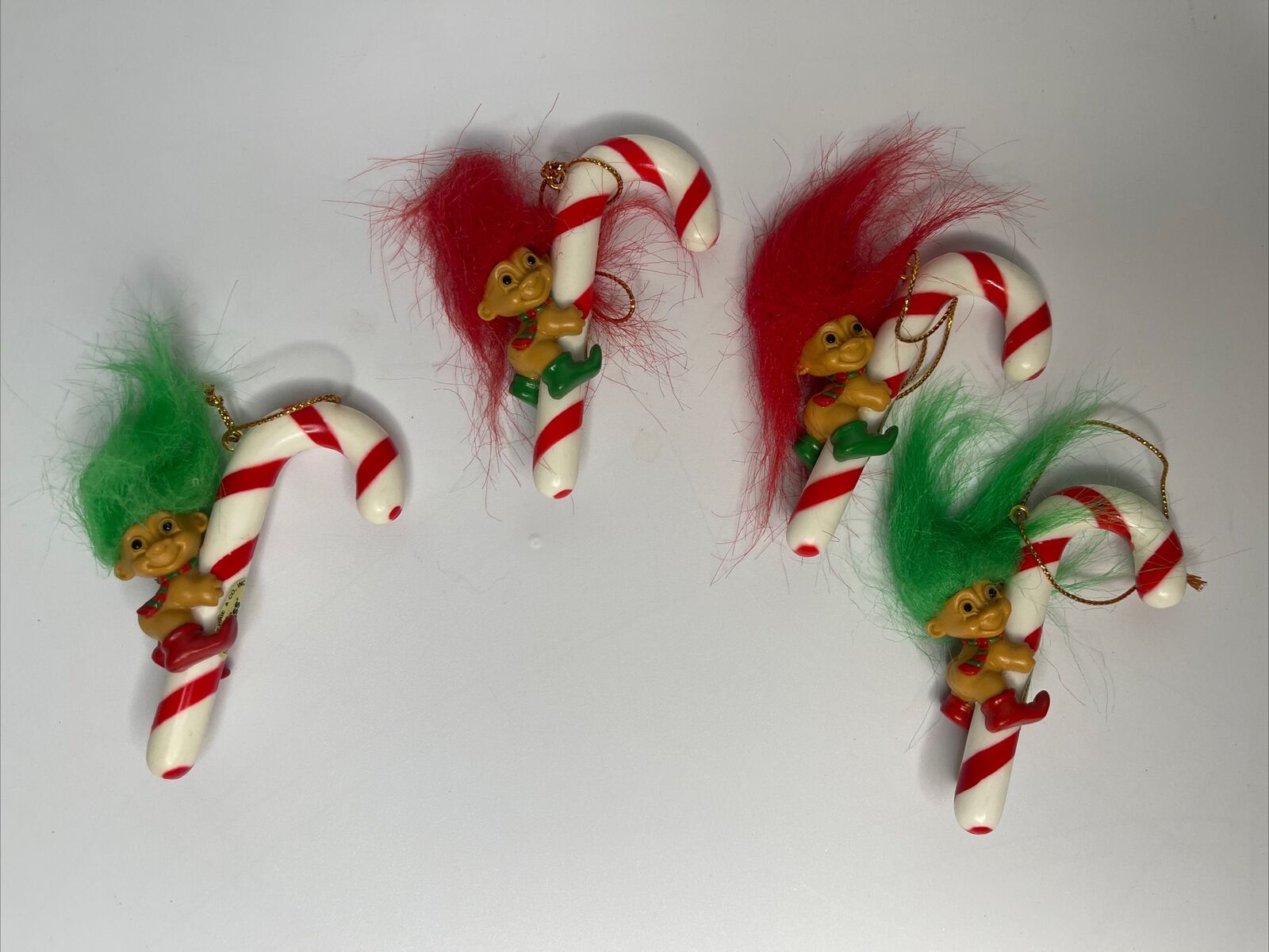 Vintage Russ Troll on Candy Cane Christmas Ornaments, Green And Red Hair