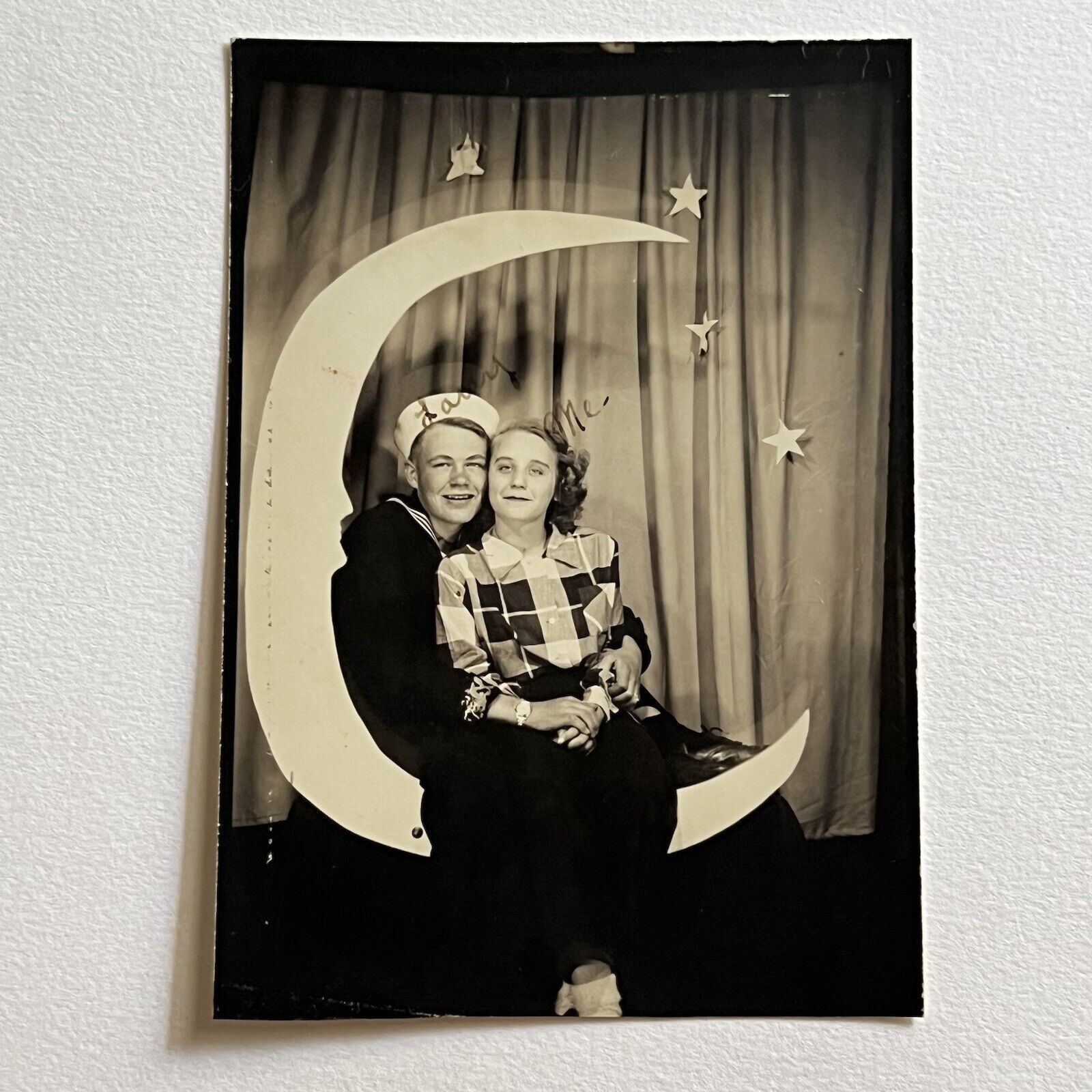 Vintage Paper Moon Photo Booth Photograph Young Love Couple Sailor Man & Woman