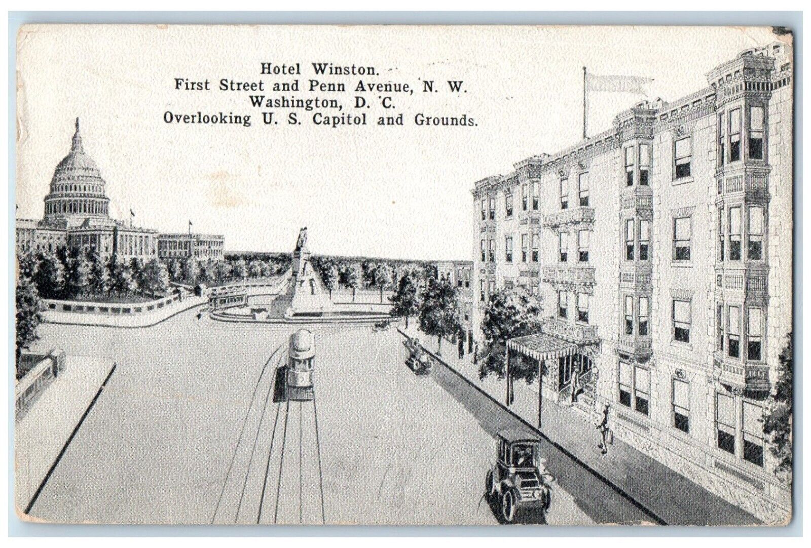 1918 Hotel Winston First Street Penn Avenue Streetcar Washington DC Postcard
