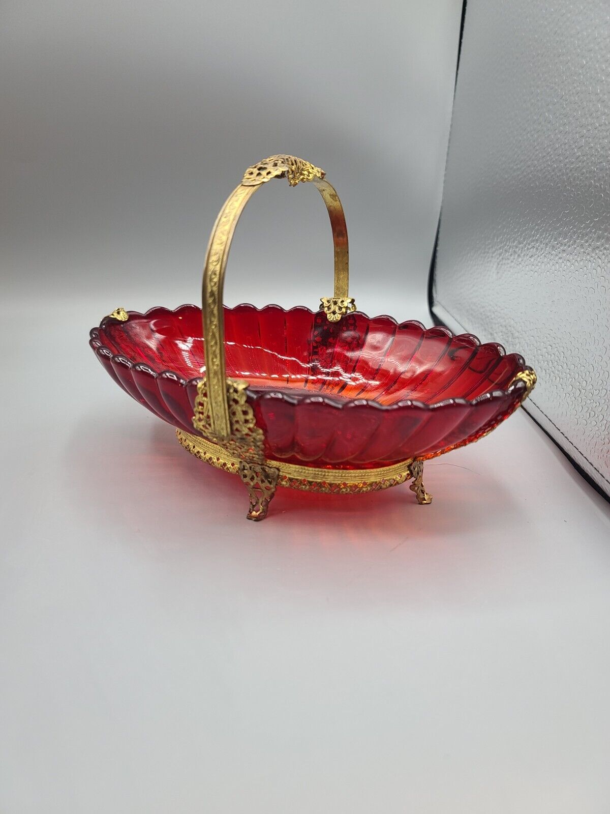 Antique Oval French Ruby Red Glass & Brass Bride\'s Basket