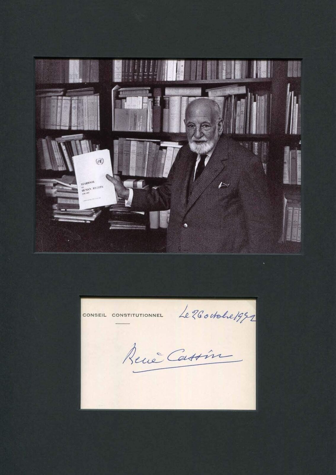 René Cassin NOBEL PRIZE autograph, signed card mounted