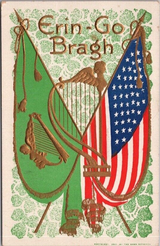 1909 ST. PATRICK\'S DAY Postcard U.S. American & Irish Green Harp Flag / TR Co.