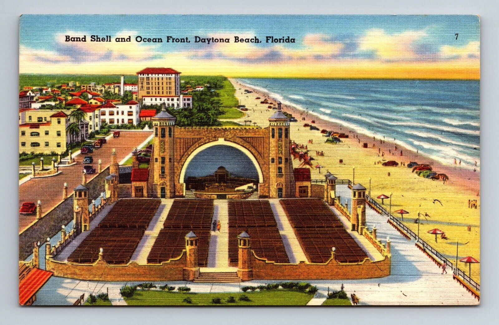 Band Shell and Ocean Front Daytona Beach Florida Linen Postcard