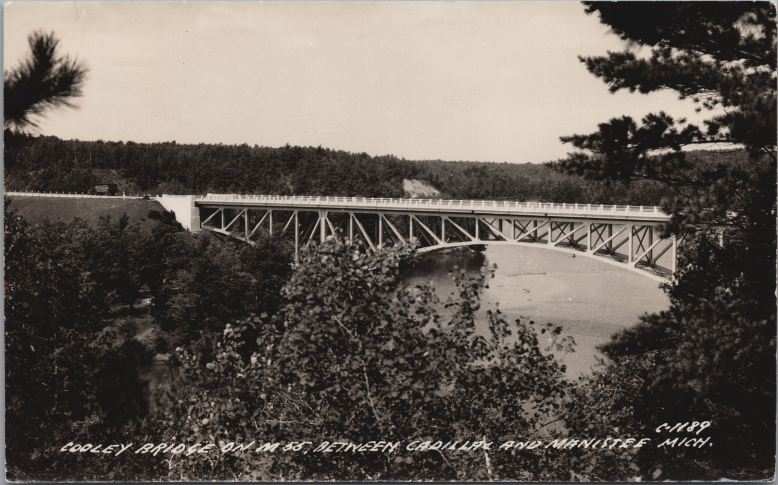 RPPC c1930\'s Car Cooley Truss Bridge M55 Pine River Wellston MI Manistee CO. UNP