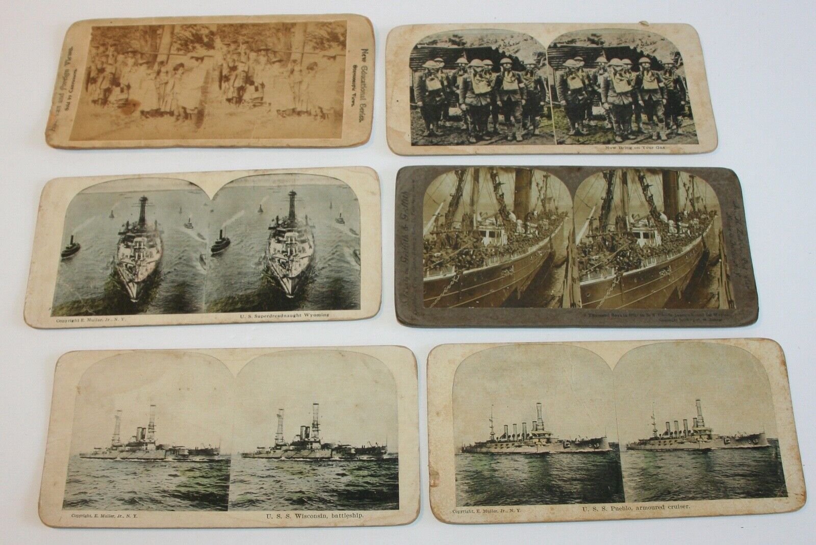 (21) Vintage StereoViews: U.S. Naval Ships, Soldiers, Gas Masks, etc. 