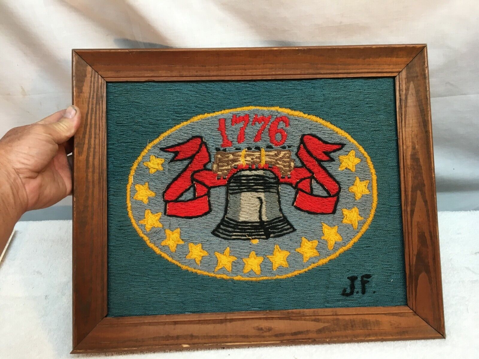 Vintage Bicentennial 13 Star With Liberty Bell 1776 Cross Stich Wall Art Framed