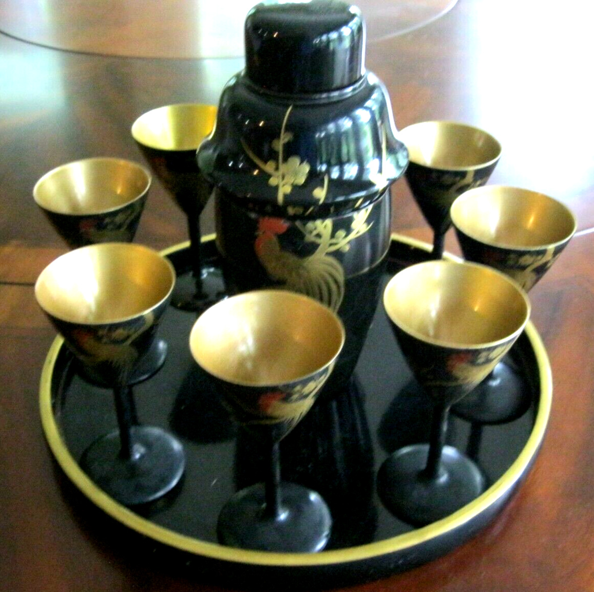 Antique Japanese Lacquered Wood Cocktail Shaker & 8 Glasses Set On Round Tray NM