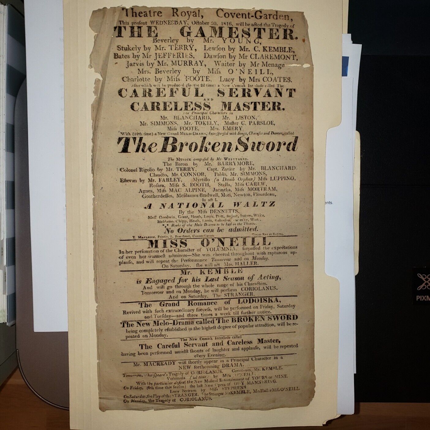 Play bill - Royal Theatre - The Gamester, 1816