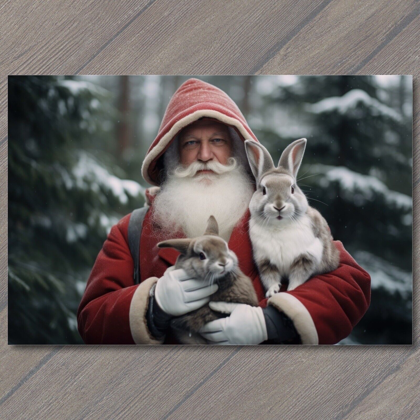 POSTCARD Santa Claus & Bunnies Festive joy with two adorable rabbits