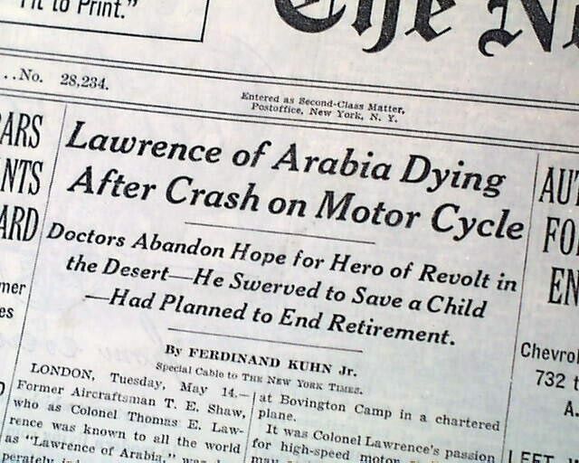 T. E. Lawrence of Arabia Motorcycle Accident - Eventual Death 1935 old Newspaper