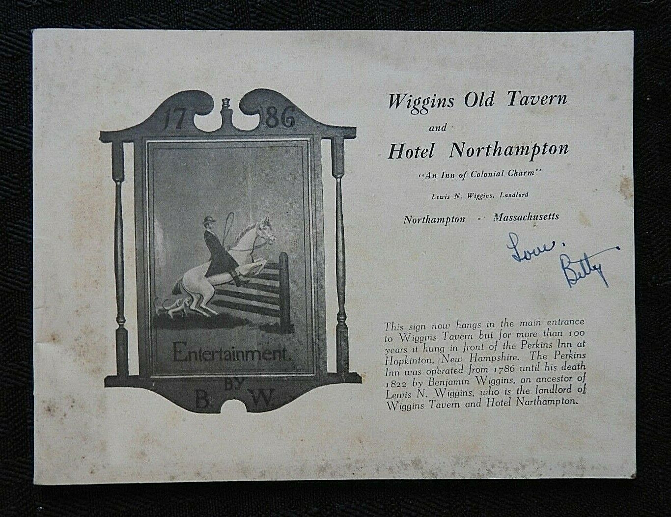 1930's WIGGINS OLD TAVERN & HOTEL NORTHAMPTON MA MASSACHUSETTS HISTORY BOOKLET