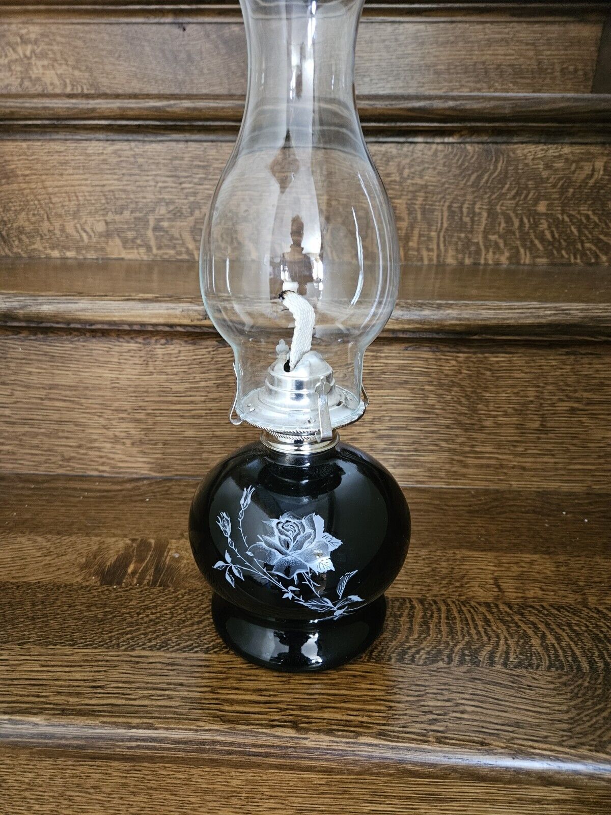 Vintage Kaadan Black Oil Lamp W/White Rose 14.5”