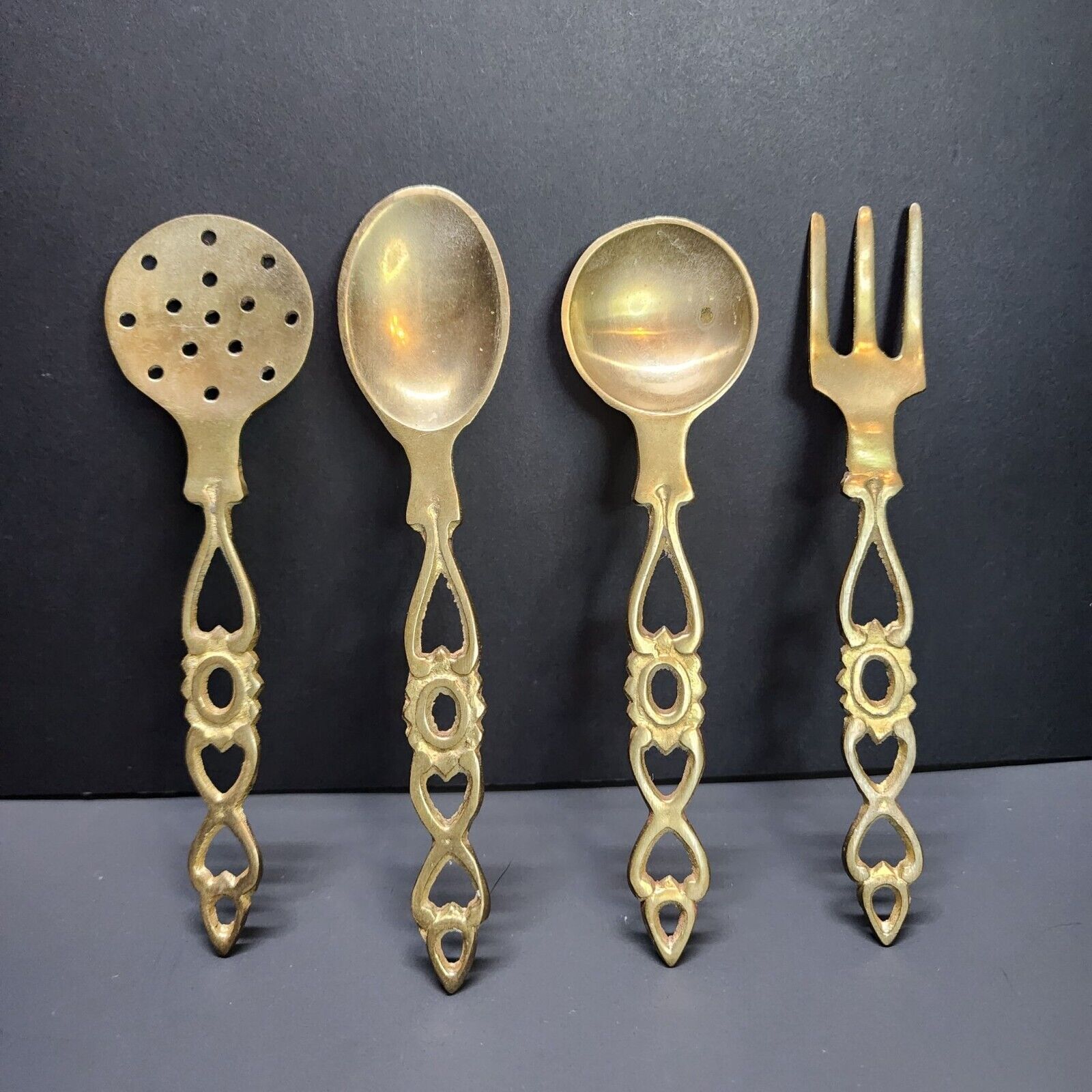 Vintage Antique Brass Cooking Serving Utensils Spoons Fork & Skimmer - Set Of 4