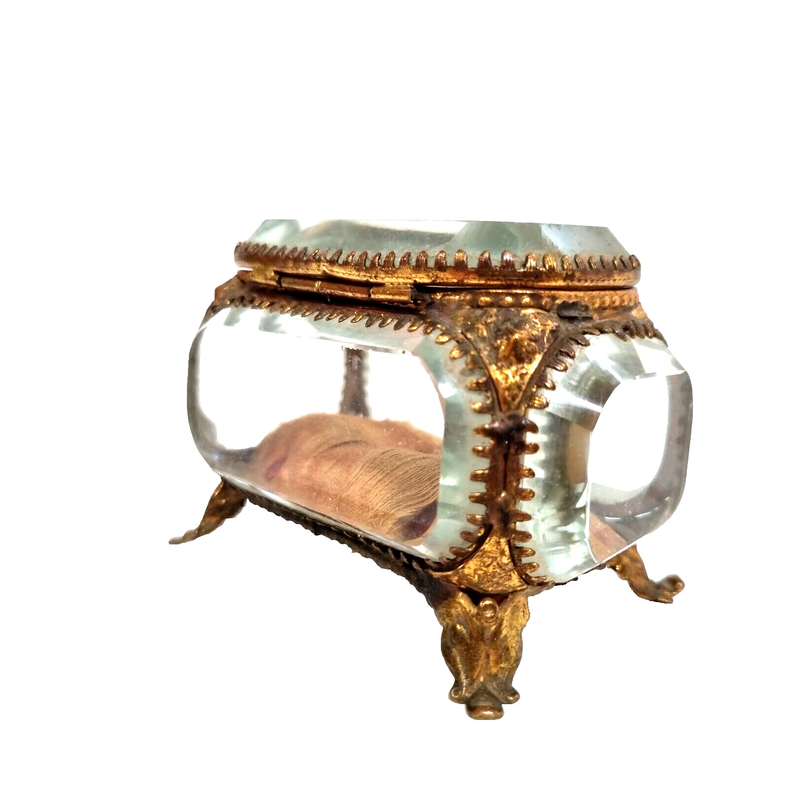 Jewelery beveled glass gilted brass box casket trinket antique fench 19 th C