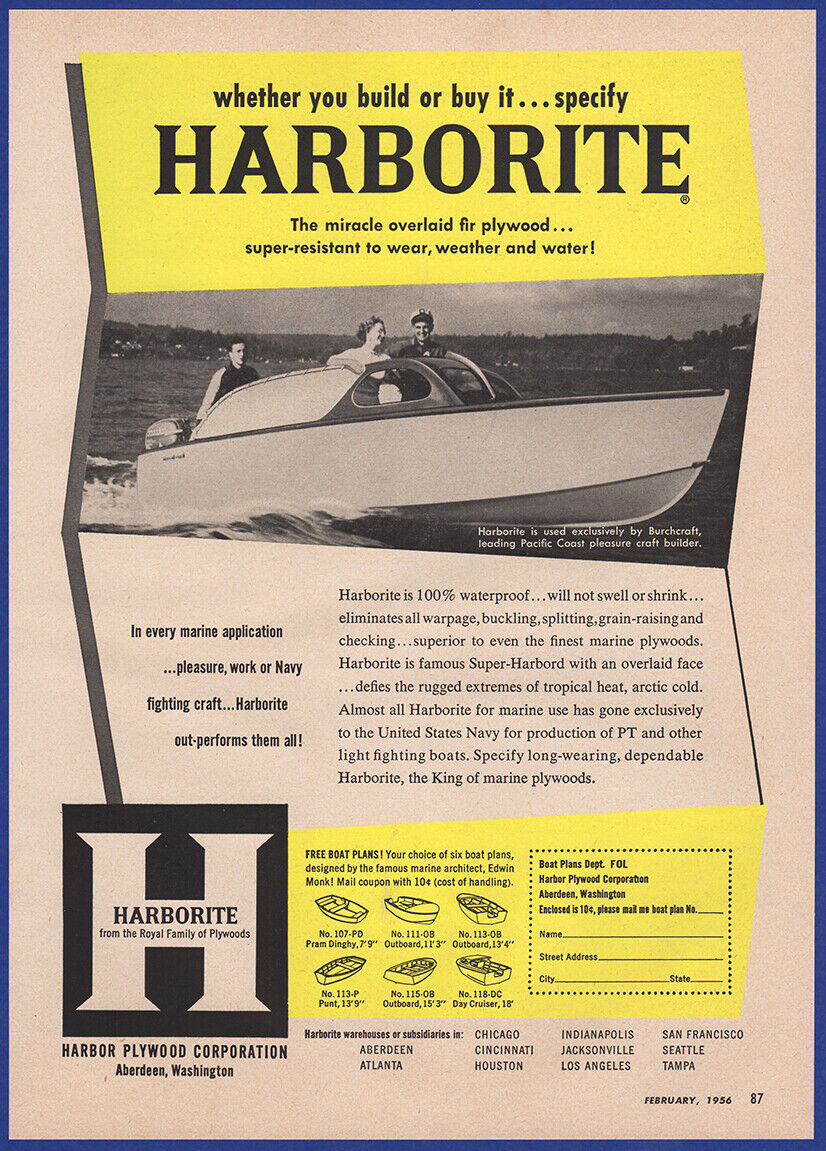 Vintage 1956 HARBORITE Plywood Company Boat Boating Ephemera 50\'s Print Ad