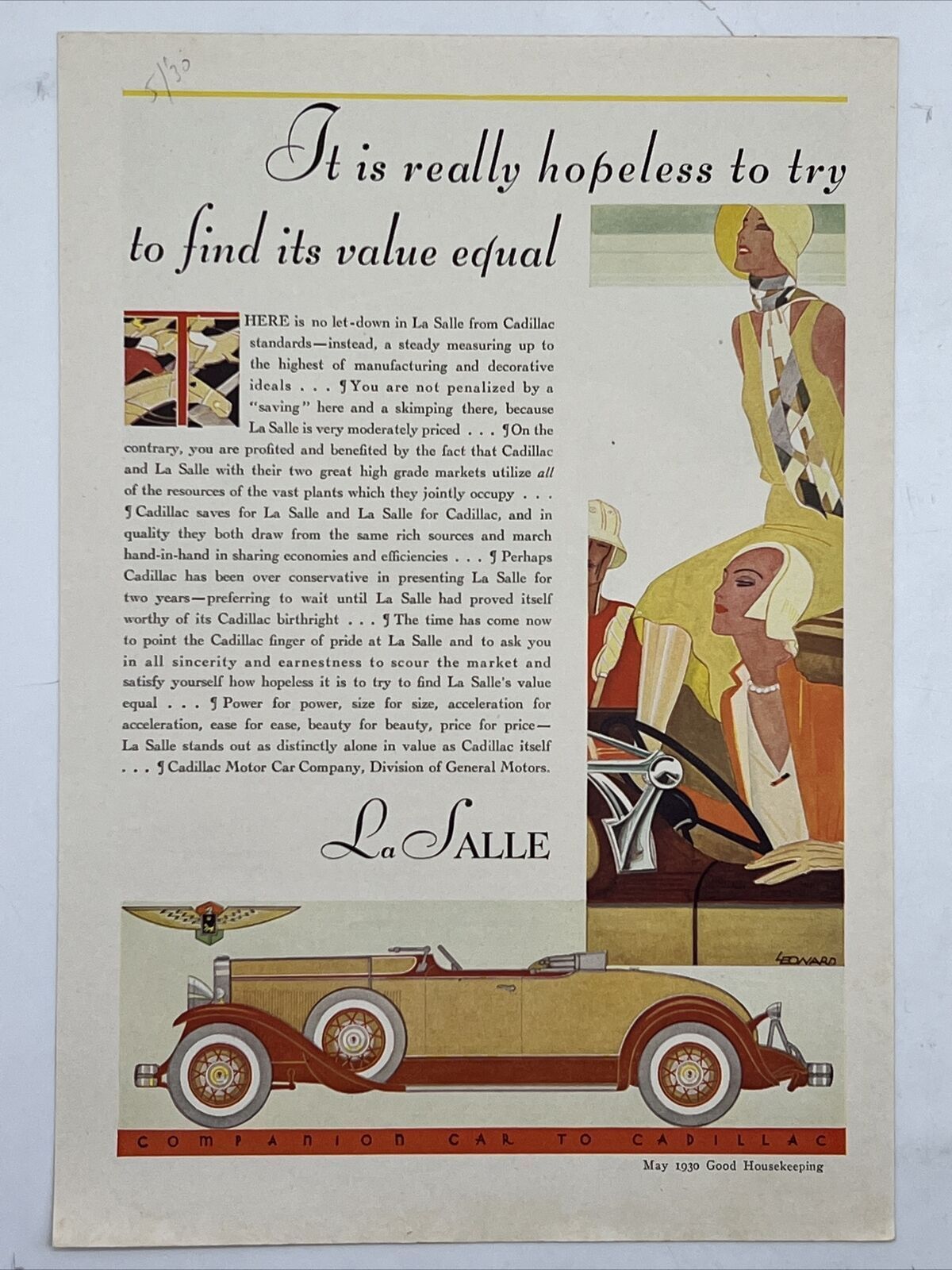 1930 LA SALLE COMPANION TO CADILLAC Good Housekeeping Advertisement ART DECO