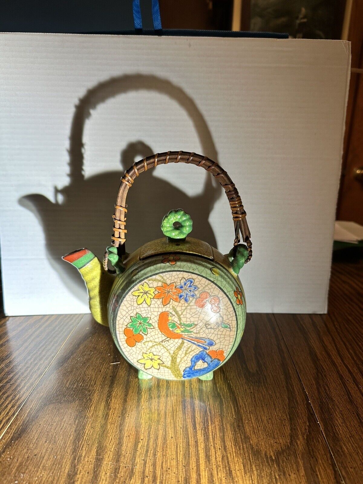 Vintage Japanese Teapot Hand Painted with Ratan Handle And Crackle Glaze