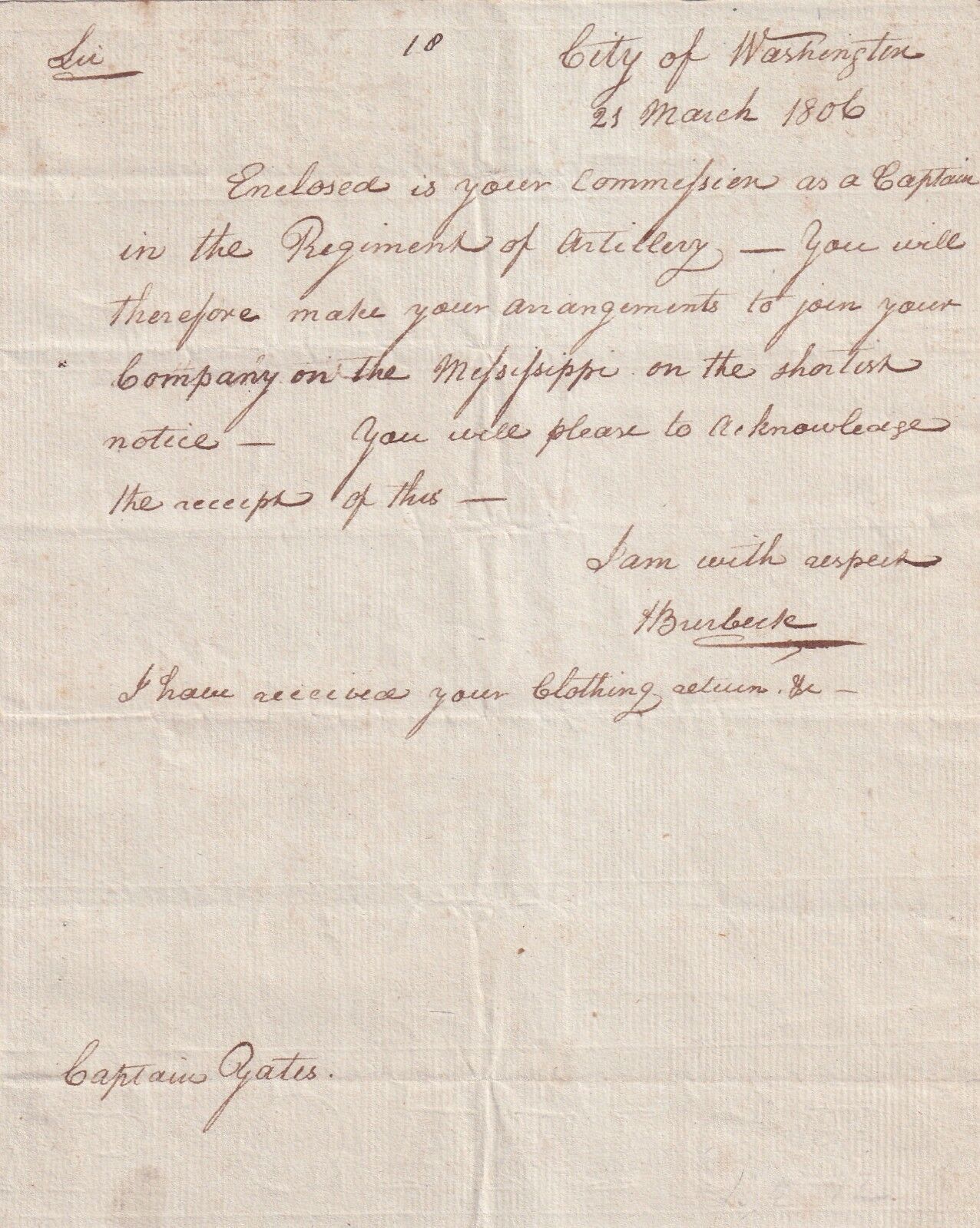 General Henry Burbeck letter d/l Washington 1806 to Captain William Yates  OF