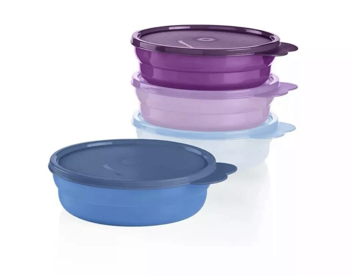 Tupperware Microwave Reheatable (remove Lid) Cereal Bowl Set Purple Blue New