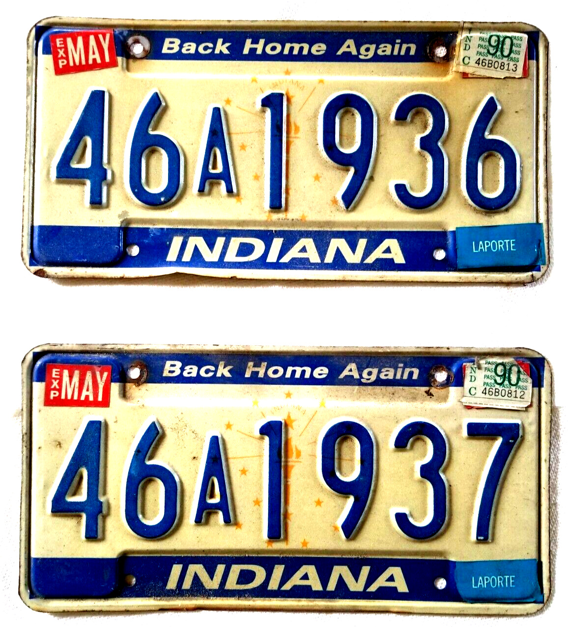 Consecutive Metal Indiana 1990 LAPORTE Expired License Plates 46A1936 & 46A1937