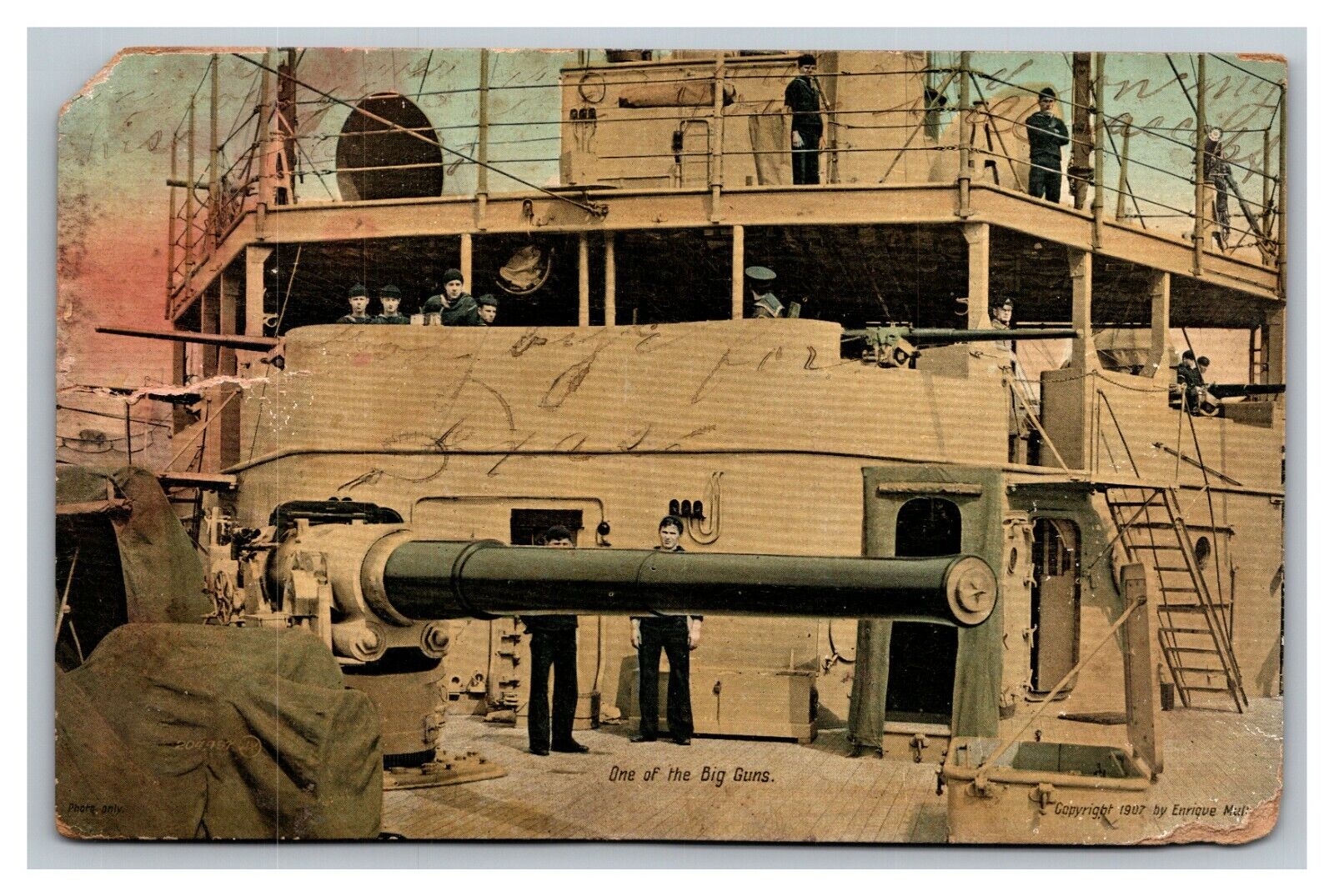 Vintage 1907 Military Postcard - One of the Big Guns Navy Crew - Pre War