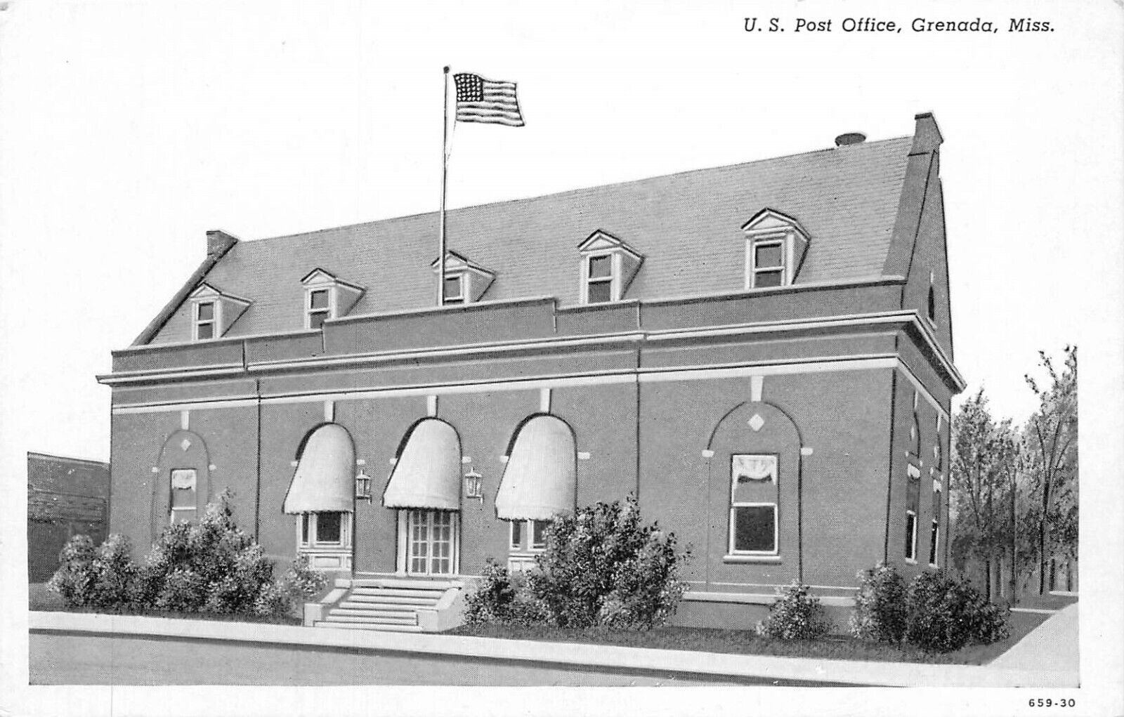 c1930 US Post Office, Grenada, Mississippi Postcard