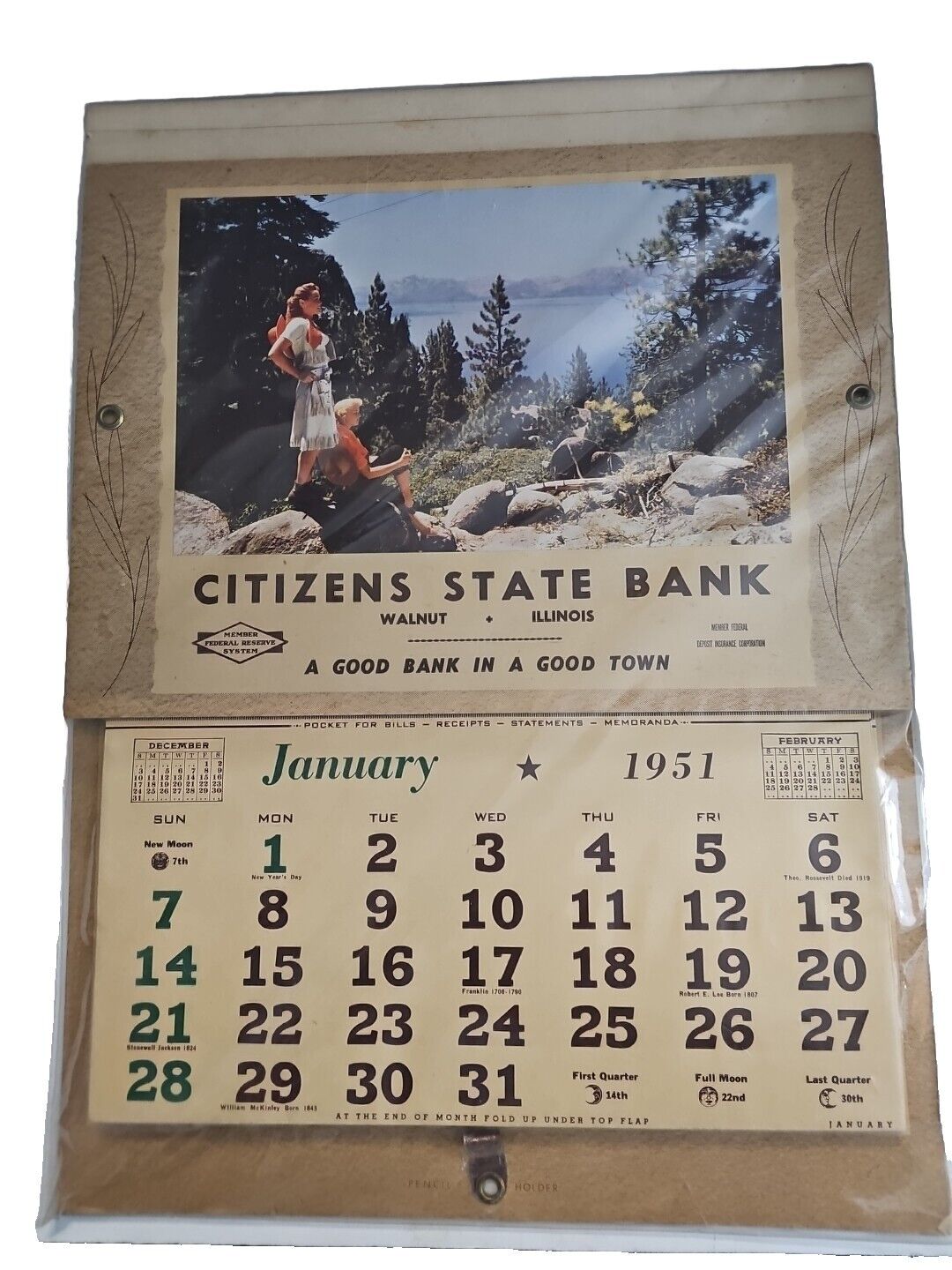 1951 Citizens State Bank WALNUT IL Vintage WALL CALENDAR Stored In Plastic XXY