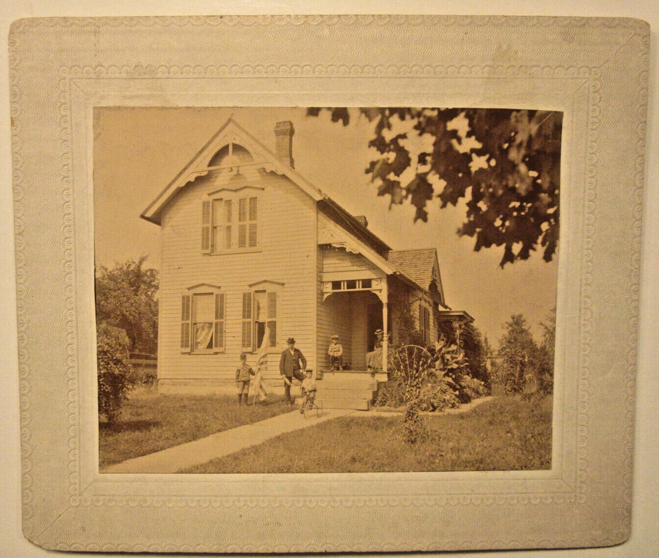 About 1892 CABINET CARD, family on the farm, child with tricycle, 4 3/4 x 3 3/4