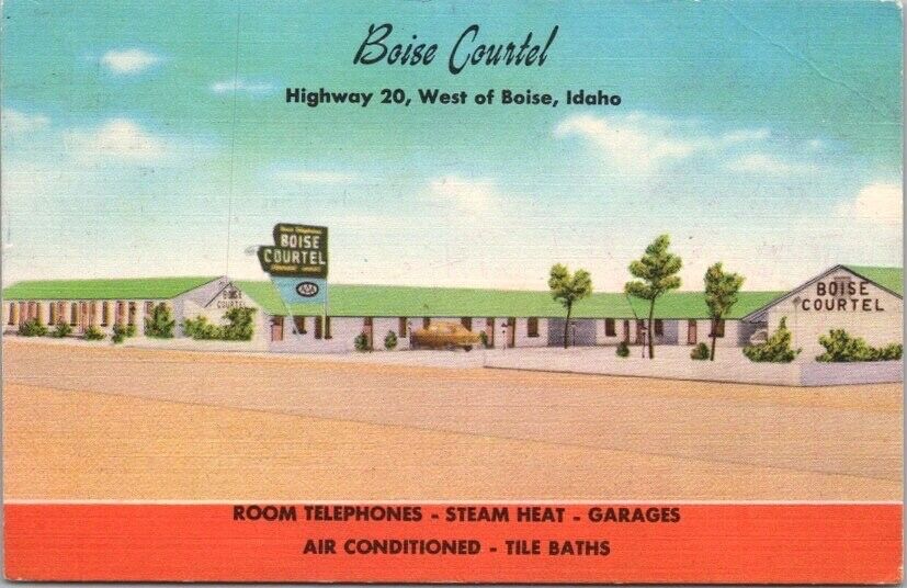 Boise, Idaho Postcard BOISE COURTEL Motel Highway 20 Roadside Linen 1956 Cancel
