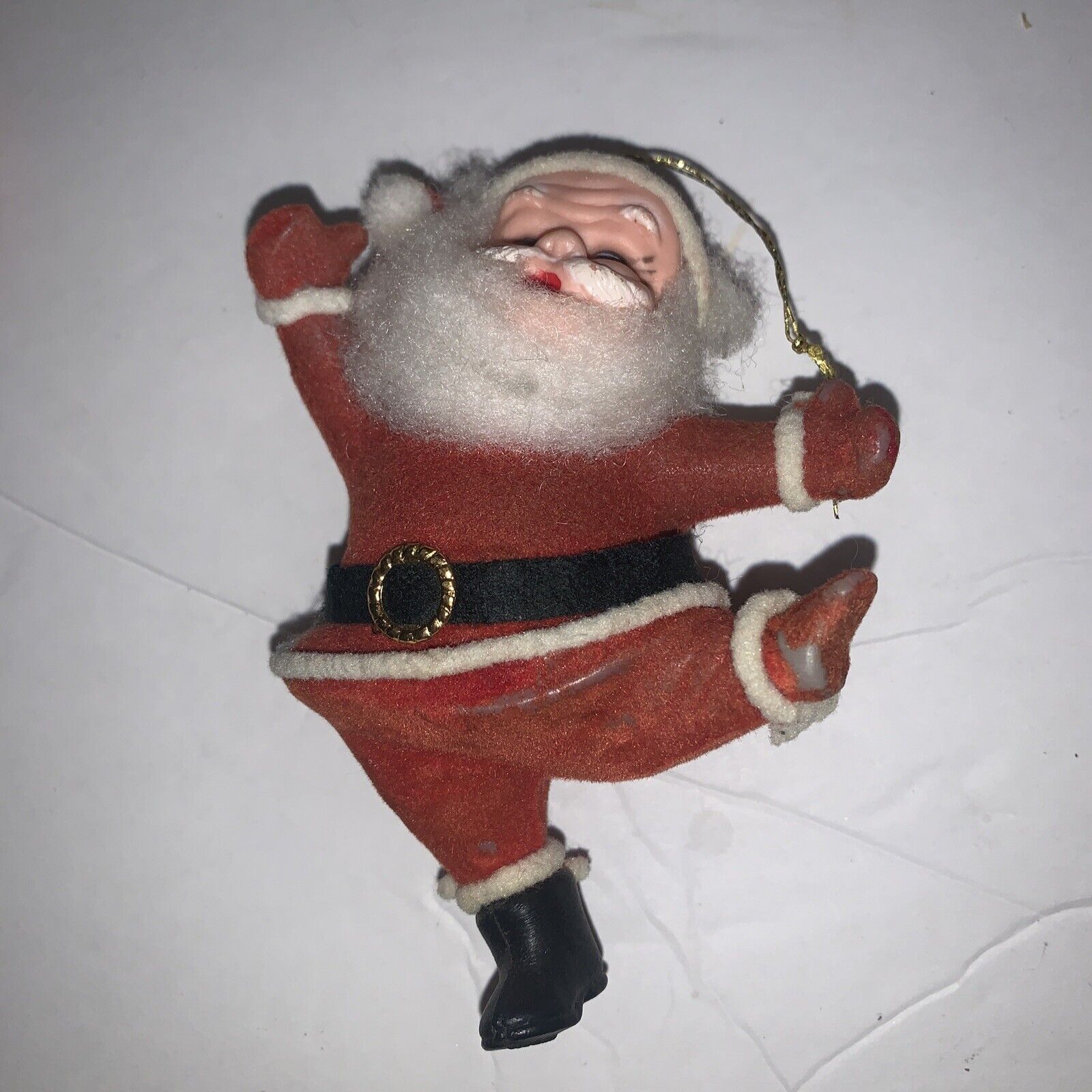 Vintage Santa Claus Ornament Molded Plastic Face Flocked Chenille WORN No Boot