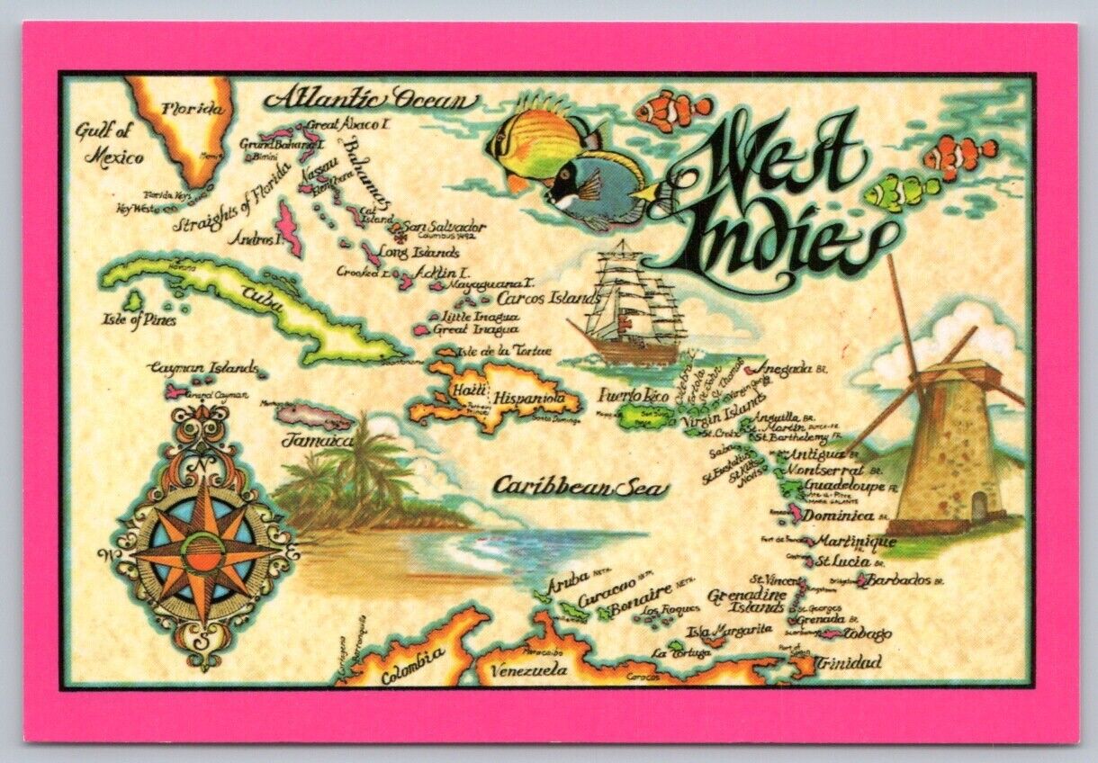 Postcard West Indies Map Caribbean Sea Islands C3