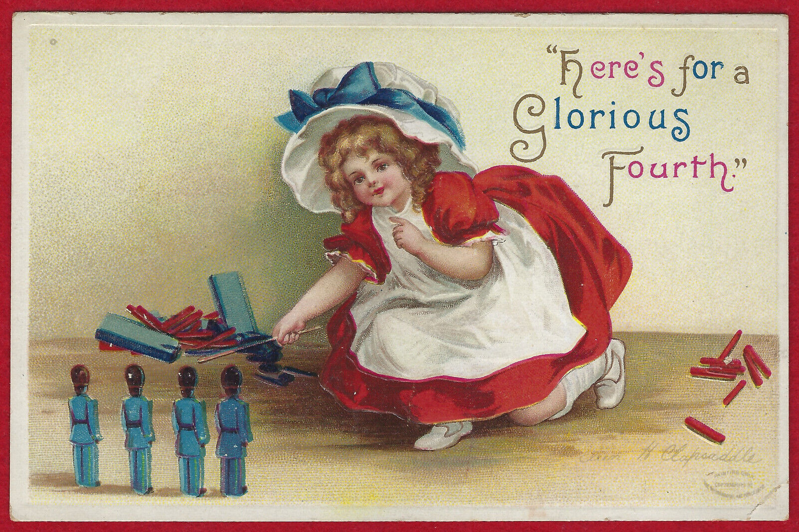 Clapsaddle 4th-of-July Fireworks Bonnet Girl Toy Soldiers A/S Emb PC Vtg c1910