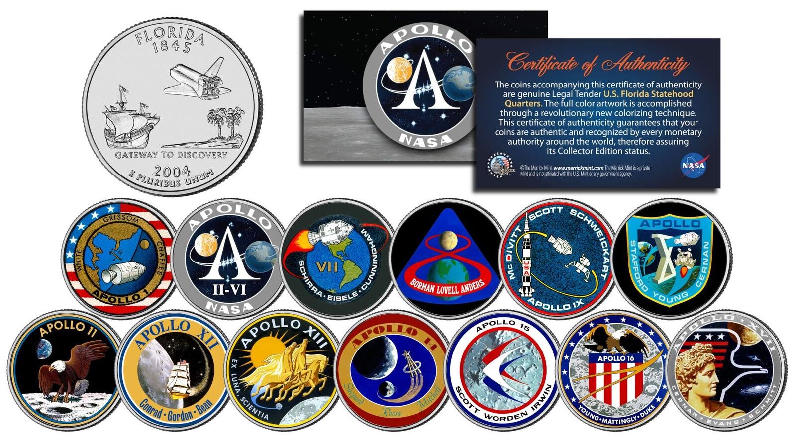 The APOLLO SPACE MISSIONS Colorized U.S. Quarters 13-Coin Set NASA PROGRAM w/COA