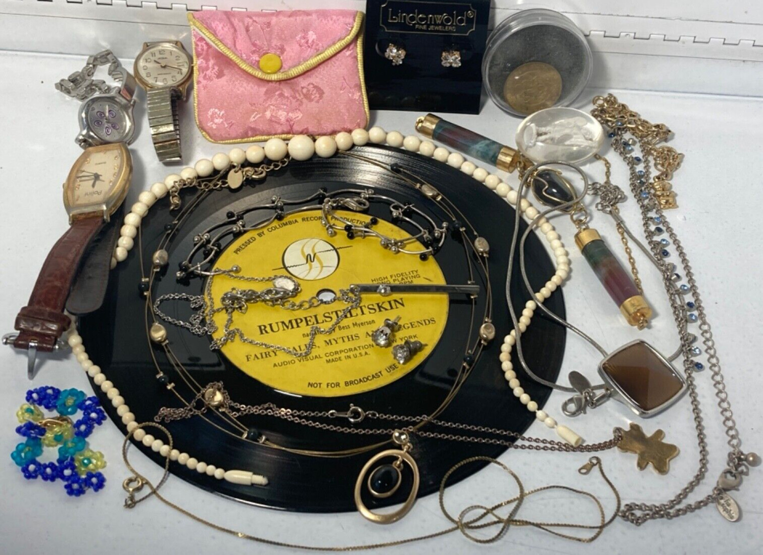 Vintage Junk Drawer Lot Jewelry Watches Religious Pin Brooch Earrings More #11