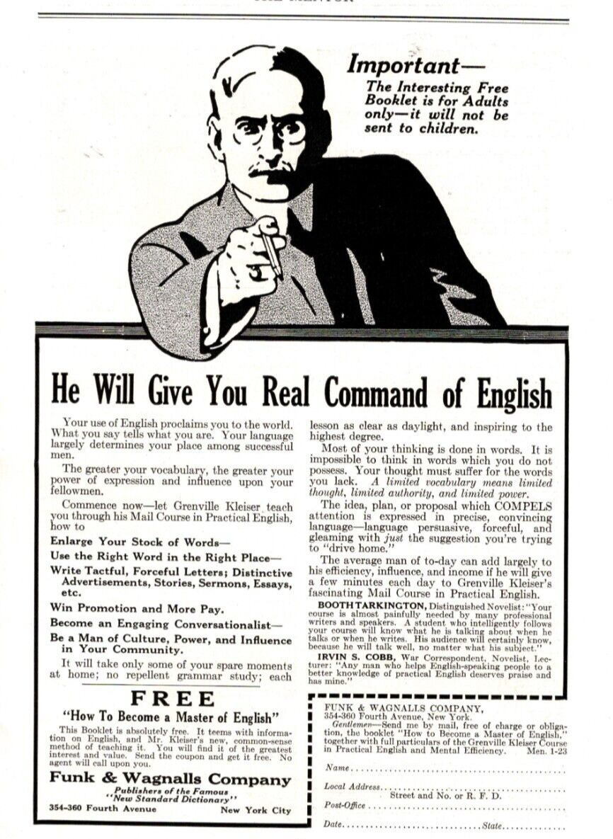 1923 FUNK & WAGNALL\'S VOCABULARY / ENGLISH COURSE PRINT AD, GRENVILLE KLEISER