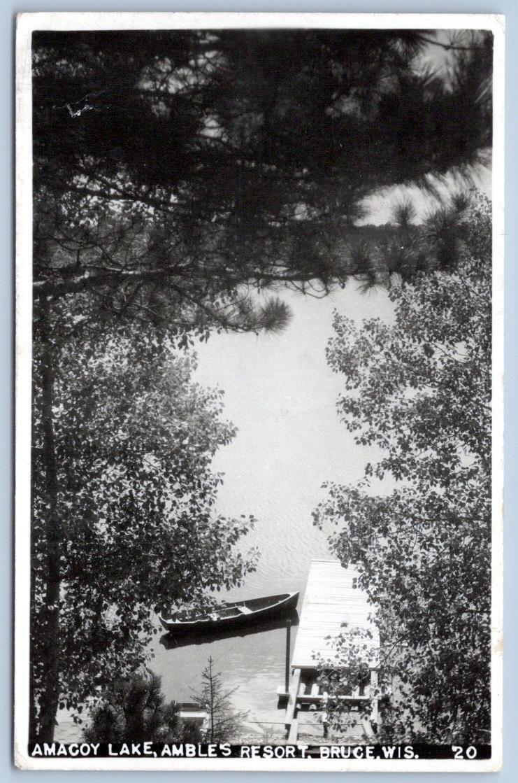 1947 RPPC AMACOY LAKE BRUCE WISCONSIN AMBLE\'S RESORT BOAT DOCK PHOTO POSTCARD