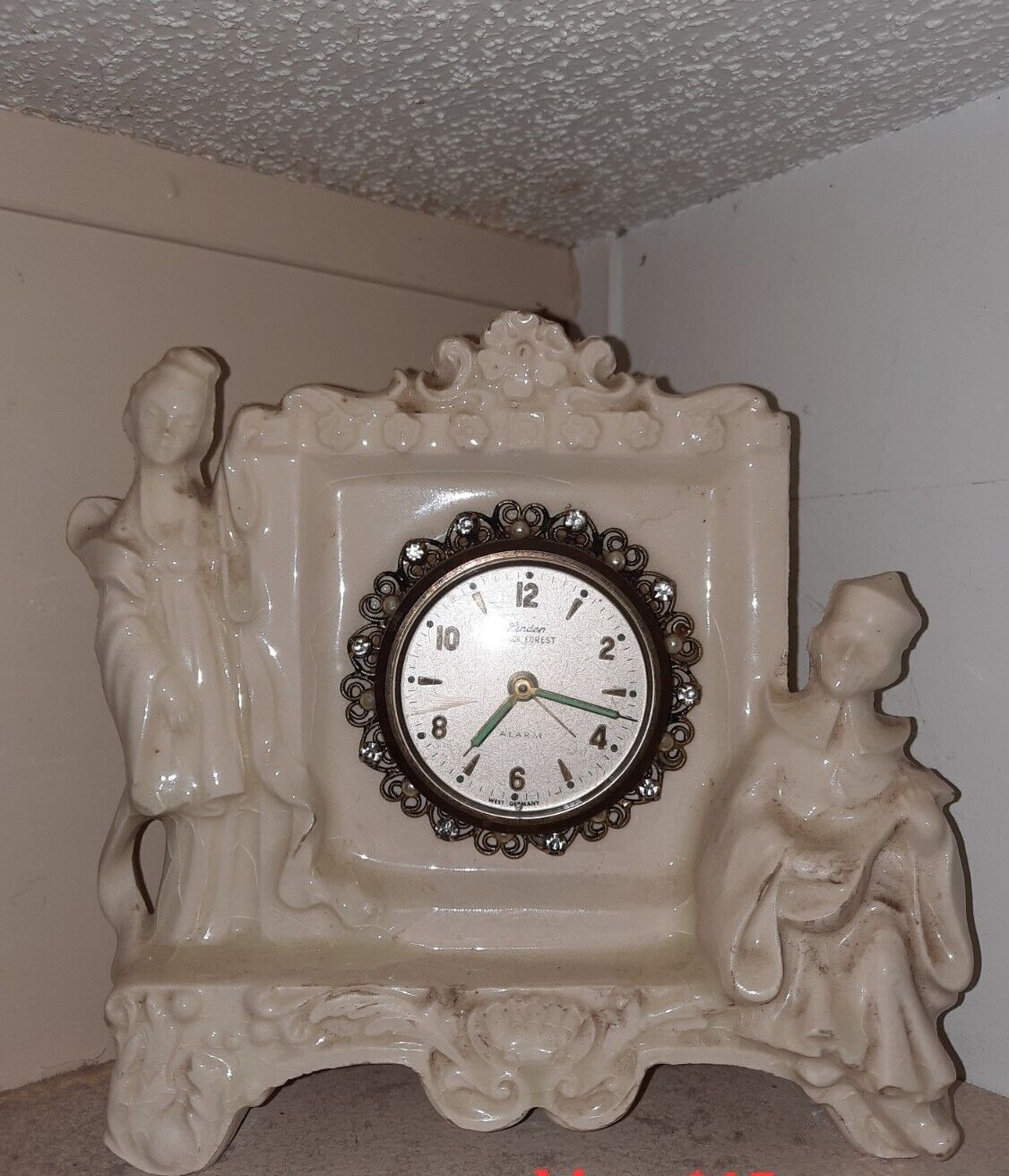  vintage ceramic porcelain linden black forest alarm clock works